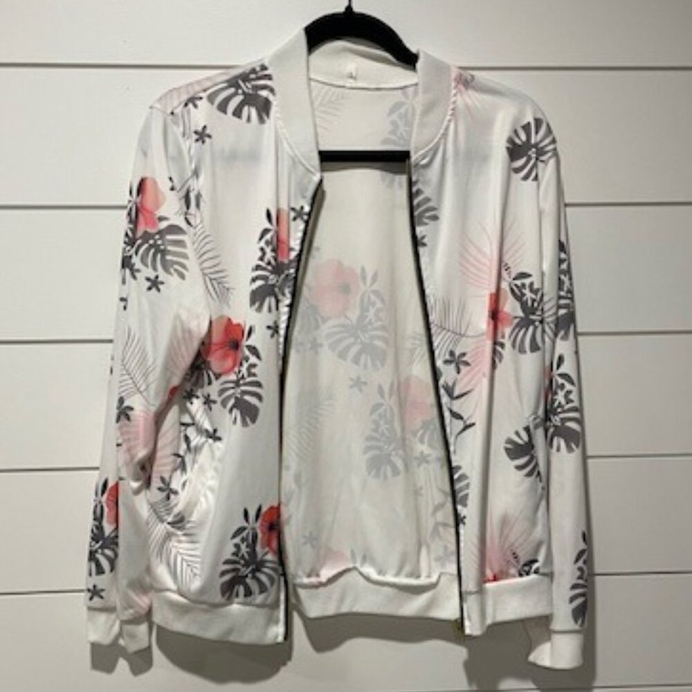 White pink and gray bomber jacket with pockets